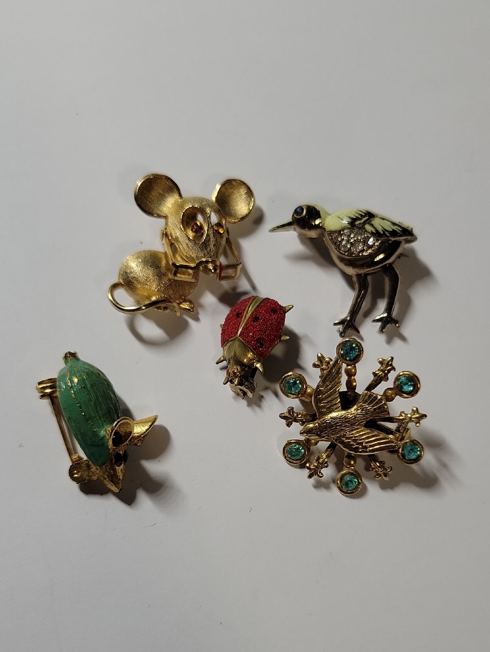 Vintage Gold Tone Enamel Animal Brooch Lot - Green, Red, Teal, Black Accents